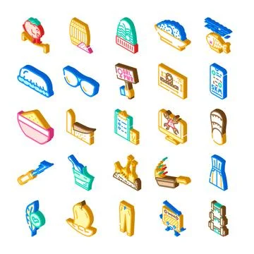 Isometric icons diverse collection set illustrating objects Stock Illustration