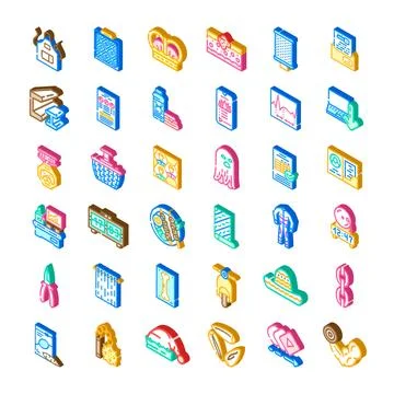 Isometric icons representing various objects, tools, and activities Illustrazione stock