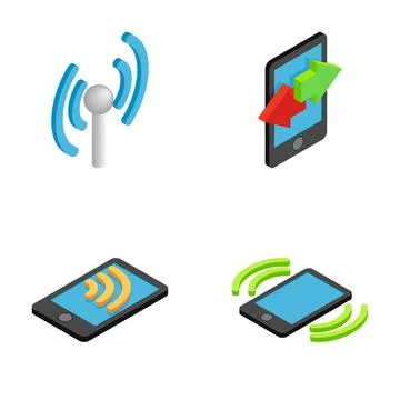 Isometric icons representing wireless connectivity, mobile devices, and dat.. 스톡 일러스트