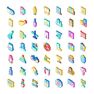 Isometric icons set different objects and human activities Stock Illustration
