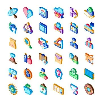Isometric icons set exploring diverse concepts and industries Stock Illustration
