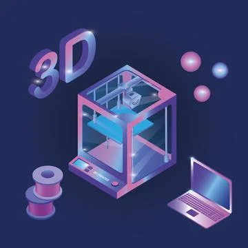 An isometric illustration of a 3D printer next to a laptop floating on a blue Illustrazione stock