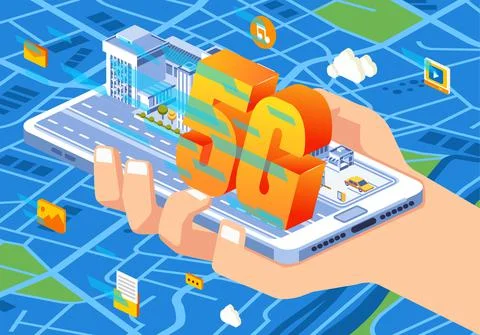 Isometric illustration of 5G connection technology used in phone for any need Stock Illustration