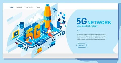 Isometric illustration of 5G technology network system illustrated with many Illustrazione stock