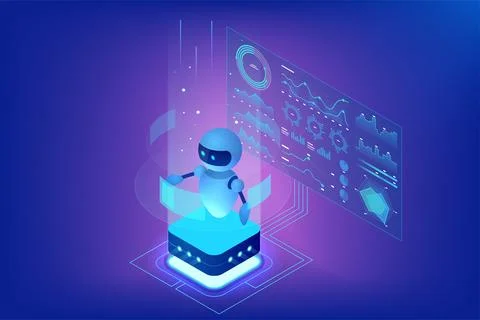 Isometric illustration of an AI chatbot robot interacting with futuristic data Illustrazione stock
