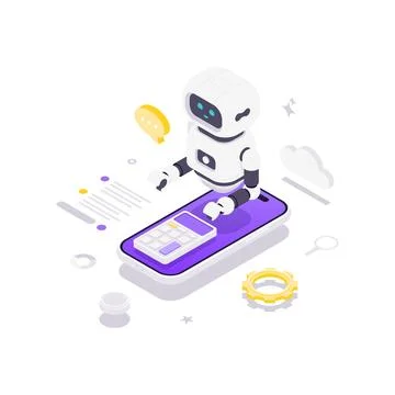 Isometric illustration of an AI chatbot on a smartphone. Concept for financia Stock Illustration