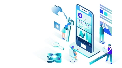 Isometric Illustration of App Development Process with Team and Smartphone .. 스톡 동영상 341920055
