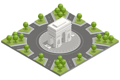 Isometric illustration of the Arc de Triomphe in Paris with a large roundabout Illustration