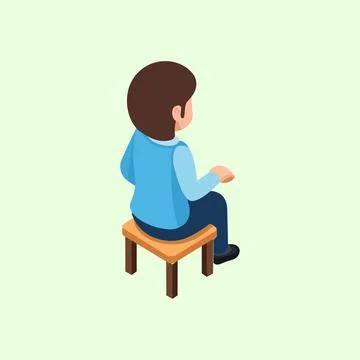 Isometric illustration of a boy sitting on a small wooden chair Stock Illustration