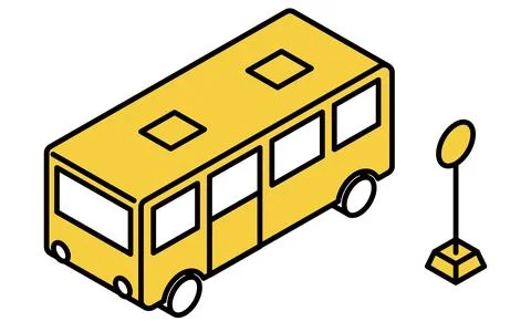 Isometric illustration of a bus and bus stop in simple line art style, publ.. Stock Illustration