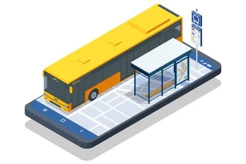 Isometric illustration of a bus stop designed with a digital display and route Stock Illustration