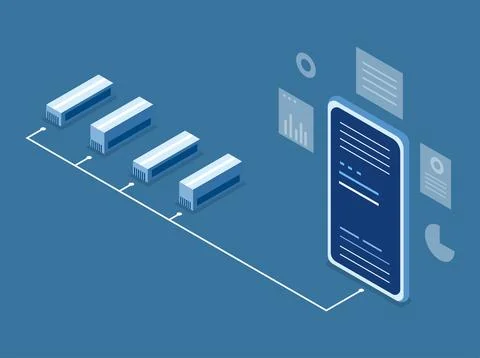 Isometric illustration of a business building integrated with computer Illustrazione stock