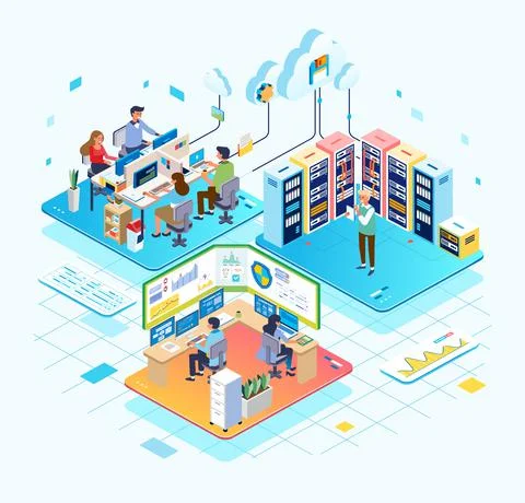 Isometric illustration of Cloud service database control, administrator worki Illustrazione stock