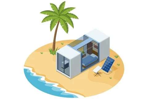 Isometric illustration of a compact off grid capsule cabin on a tropical beach Stock Illustration