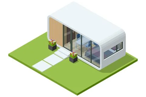 Isometric illustration of a compact modular capsule house with curved roof Stock Illustration