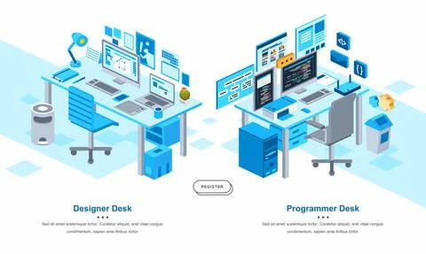 Isometric illustration of comparison between designer and programmer work des Stock-Illustration