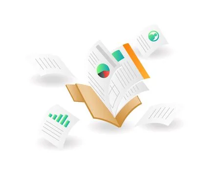 Isometric illustration concept. Analysis data paper out of folder Illustrazione stock
