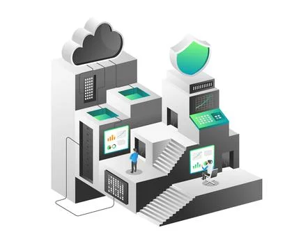 Isometric illustration concept. Building cloud data server network Stock Illustration