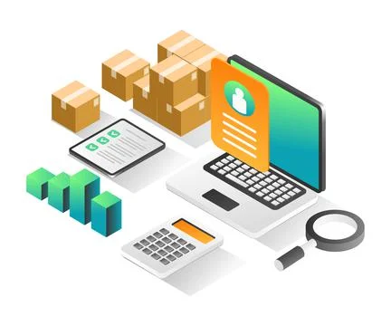 Isometric illustration concept. Computer data delivery of goods Stock Illustration