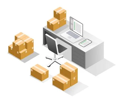 Isometric illustration concept. Computer desk storing warehouse goods data Illustrazione stock