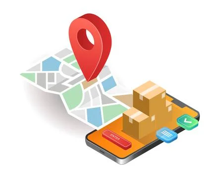 Isometric illustration concept. smartphone map application to deliver goods Stock Illustration