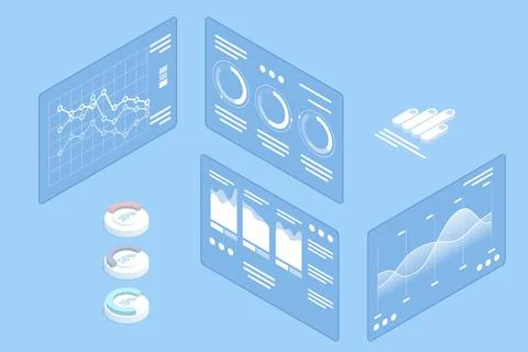 Isometric illustration of digital data dashboards featuring graphs, pie charts Stock Illustration