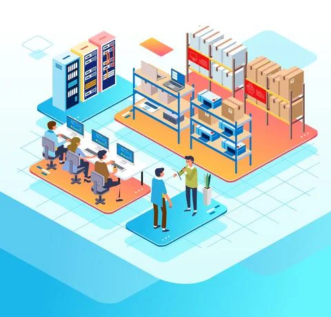 Isometric illustration of an e-commerce company, administrators work in an of Stock Illustration