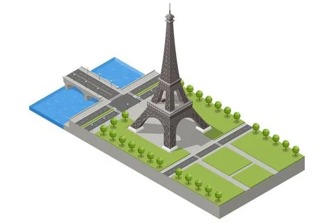 Isometric illustration of the Eiffel Tower from a different angle with bridge Illustrazione stock