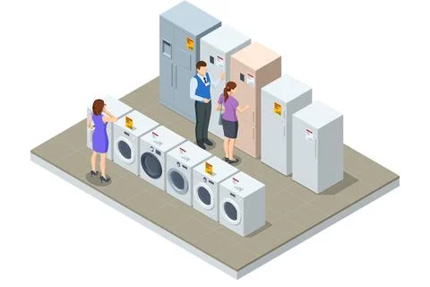 Isometric illustration of an electronics and appliance store with refrigerators Stock Illustration
