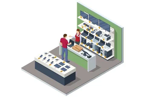 Isometric illustration of an electronics store checkout area where a customer Illustrazione stock
