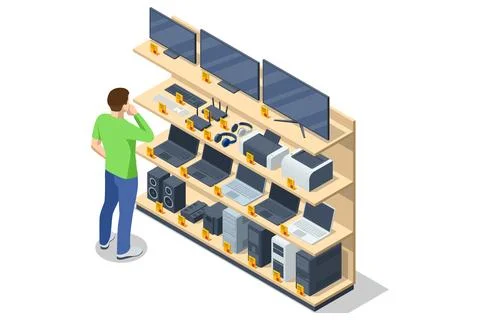 Isometric illustration of an electronics store customer looking at shelves full Stock Illustration