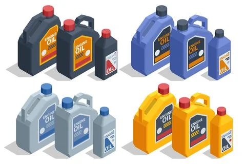Isometric illustration of engine oil containers in various colors and sizes Stock Illustration