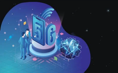 Isometric illustration of an engineer or developer establish wireless 5g ne.. イラスト素材