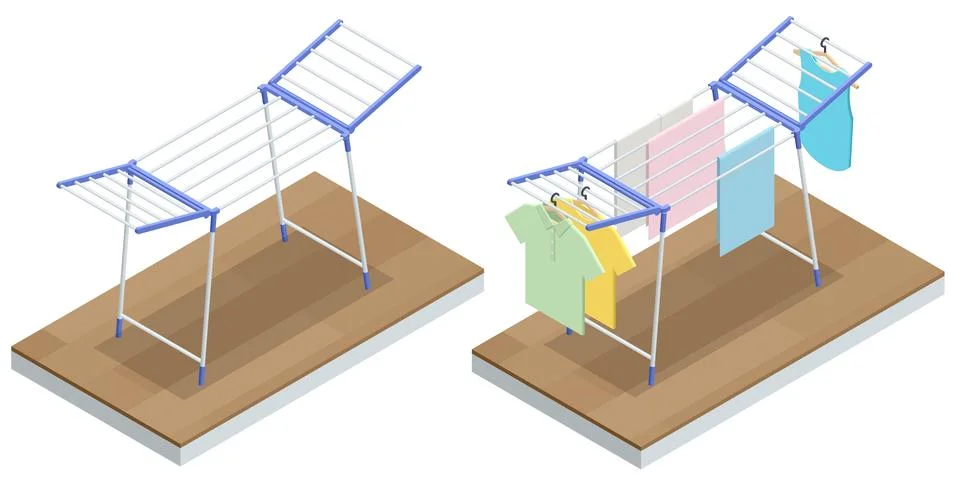 Isometric illustration of a folding drying rack shown empty and with clothes Stock Illustration