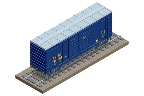 Isometric illustration of a forklift loading cargo box into a blue railway Stock Illustration