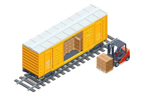 Isometric illustration of a forklift loading cargo box into a yellow railway Stock Illustration