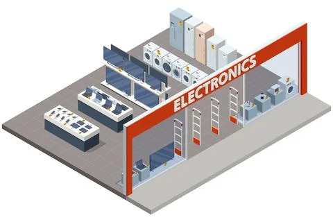 Isometric illustration of a full electronics store interior with TVs, laptops Stock Illustration