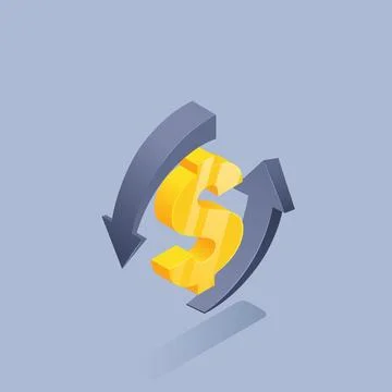 Isometric illustration on gray background, yellow dollar sign with arrows, cu Stock Illustration