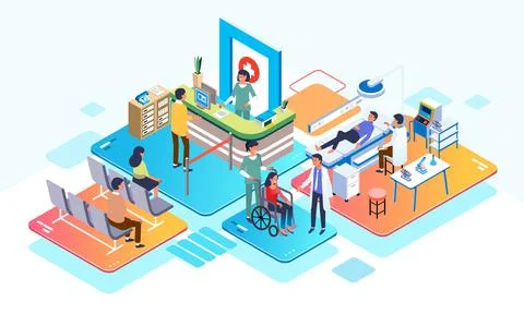 Isometric illustration in a hospital, people are registering and doing health Stock Illustration