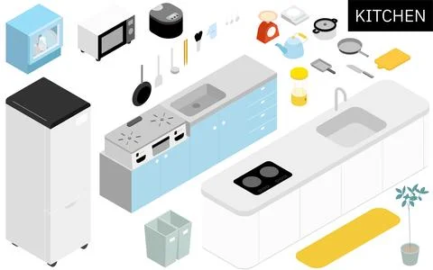 Isometric illustration of kitchen utensils needed for new life Stock Illustration