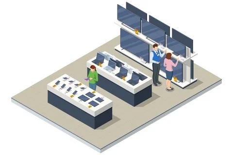 Isometric illustration of a large electronics store with TV shelves, laptop Stock Illustration
