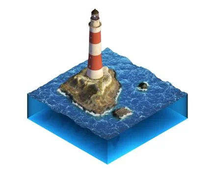 Isometric illustration with lighthouse on the small island. Stock Illustration