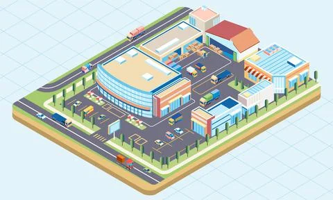 Isometric illustration of a mall building complex with warehouse for storing Ilustração Stock