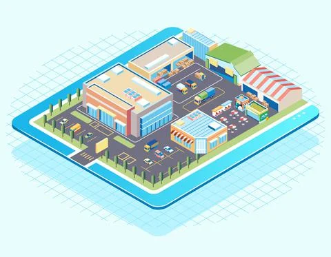 Isometric illustration of a mall complex and a warehouse for goods storage, a Stock Illustration