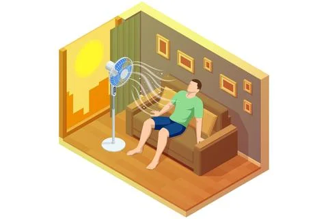 Isometric illustration of a man relaxing on a sofa while a standing fan blows Stock Illustration