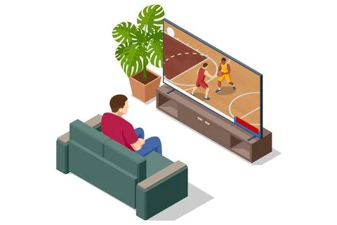 Isometric illustration of a man sitting on a sofa and watching a basketball game Stock Illustration