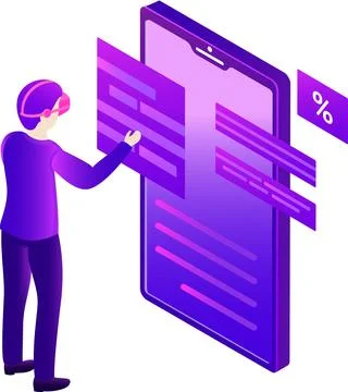Isometric illustration of a man with smartphone for Deep Learning, virtual .. Stock Illustration