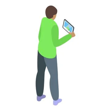 Isometric illustration of a man standing while engaged with a tablet computer Illustration