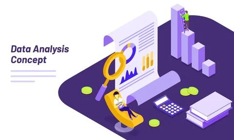 Isometric illustration of man using smart device with report, bar graph and.. Stock Illustration