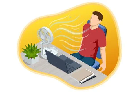Isometric illustration of a man working at a desk with a laptop while a small Stock Illustration